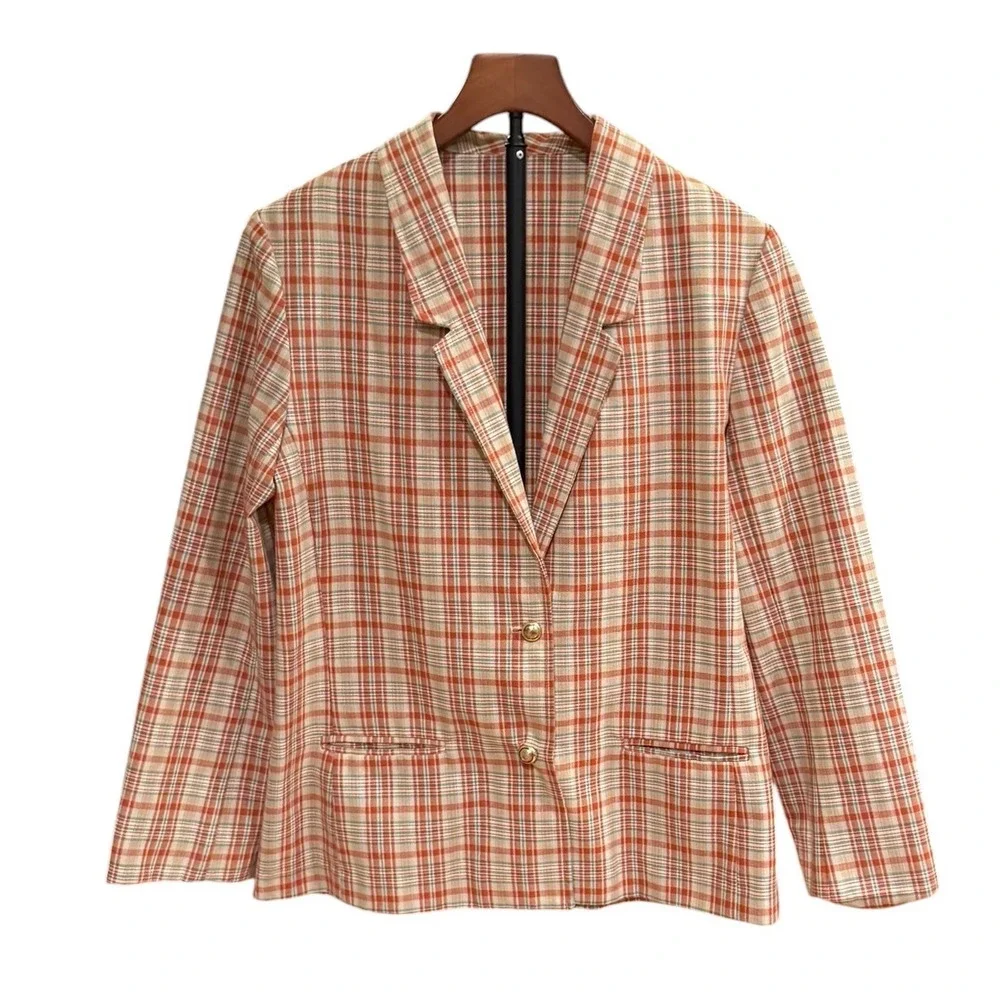 Vtg 80s Plaid Skirt Suit Set Orange Tan Blazer A-Line Midi Skirt Retro 2 Piece M